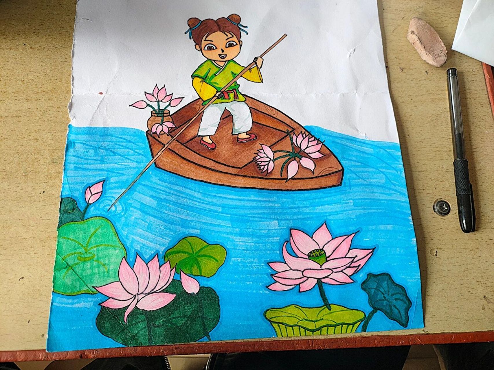 小孩撑船采莲简笔画图片
