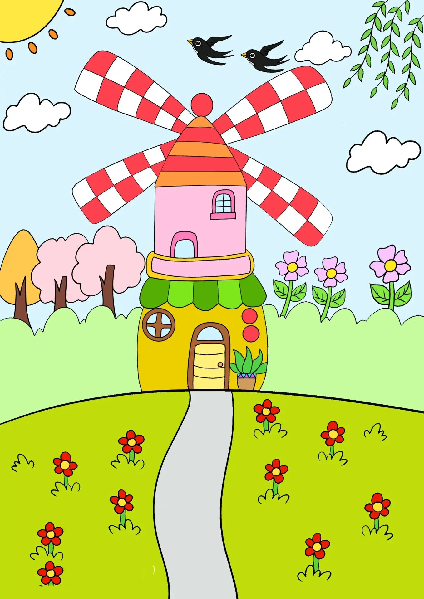 风车儿童画 风车房子卡通画 房子幼儿园画 风车房子风景画