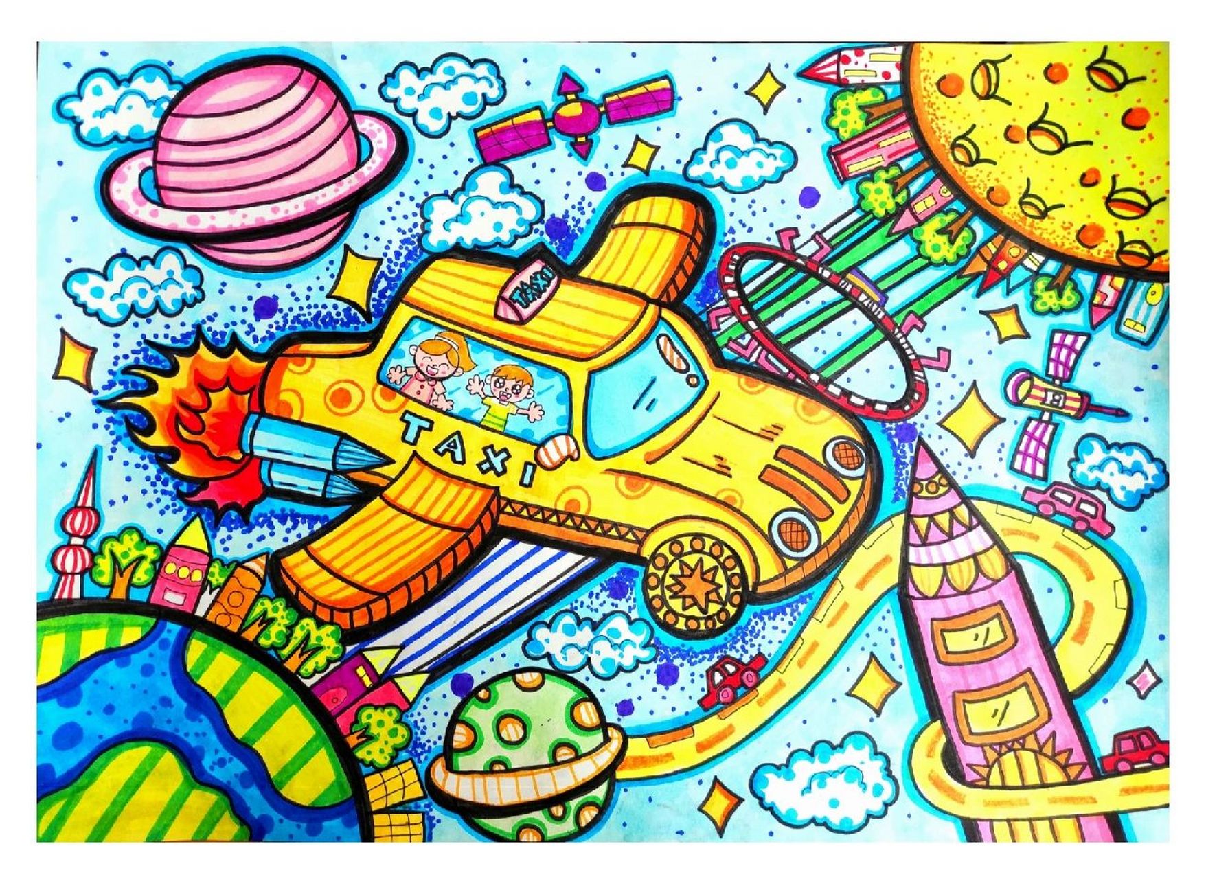空中汽车主题创意画 空中城市主题创意画 空中汽车07主题创意画
