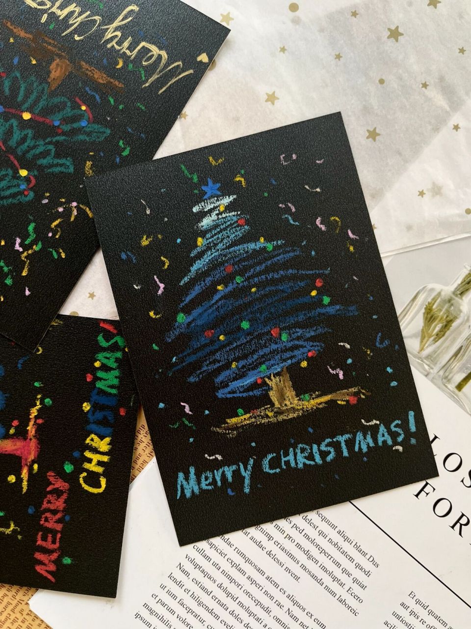 油画棒课程 黑卡纸圣诞树9078 用黑卡纸画了一组简笔画圣诞树90