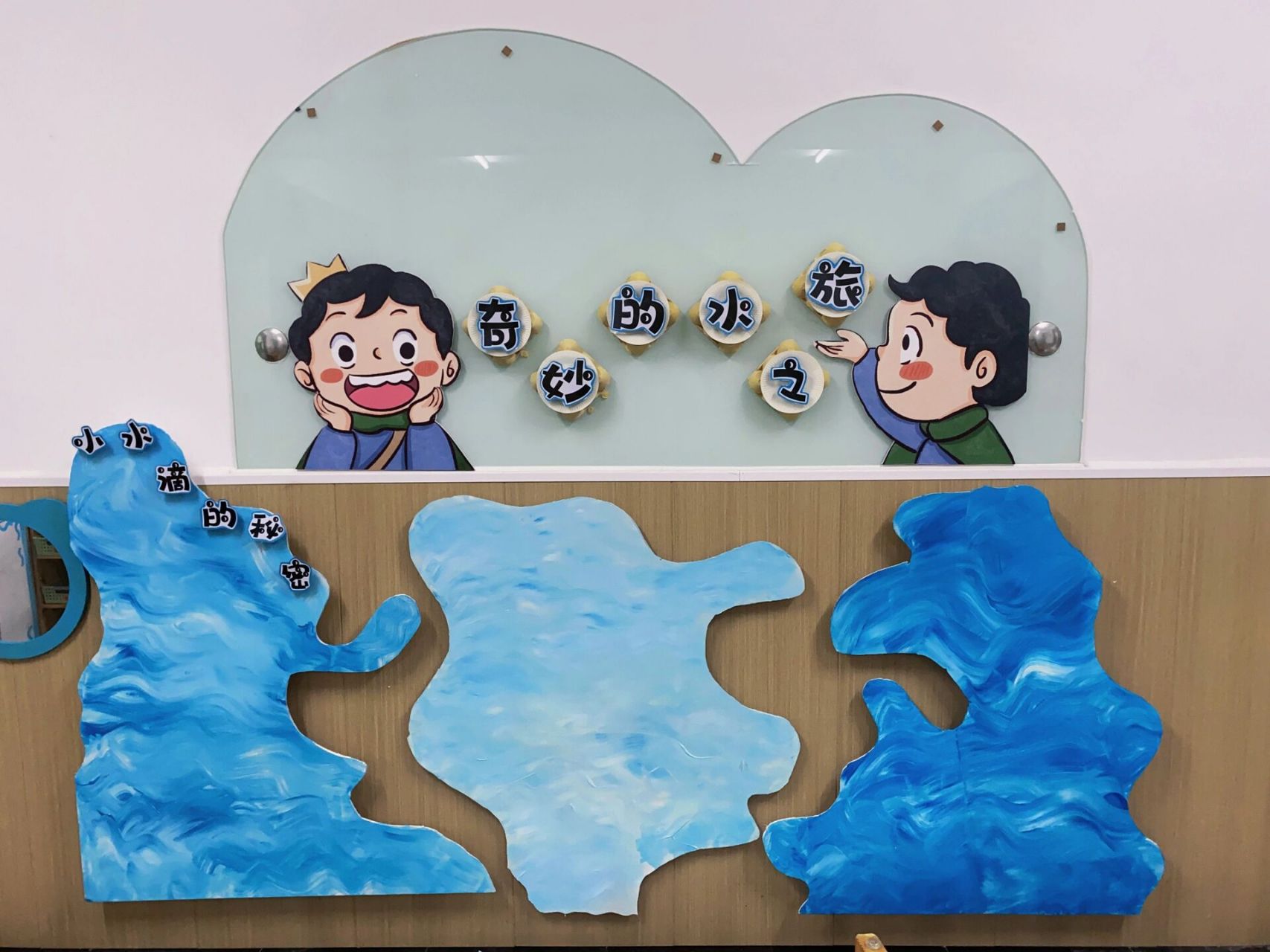 幼儿园蓝色系环创《奇妙的水之旅》 加班做了好几天的环创 蓝色系真的