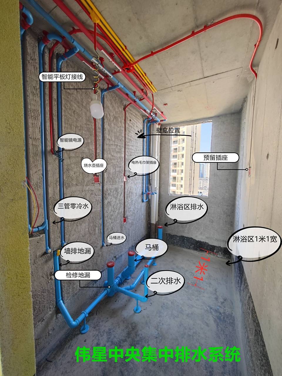 分享我家两分区洗手间水路,电路布置详细图 我家主卧洗手间采用了传统