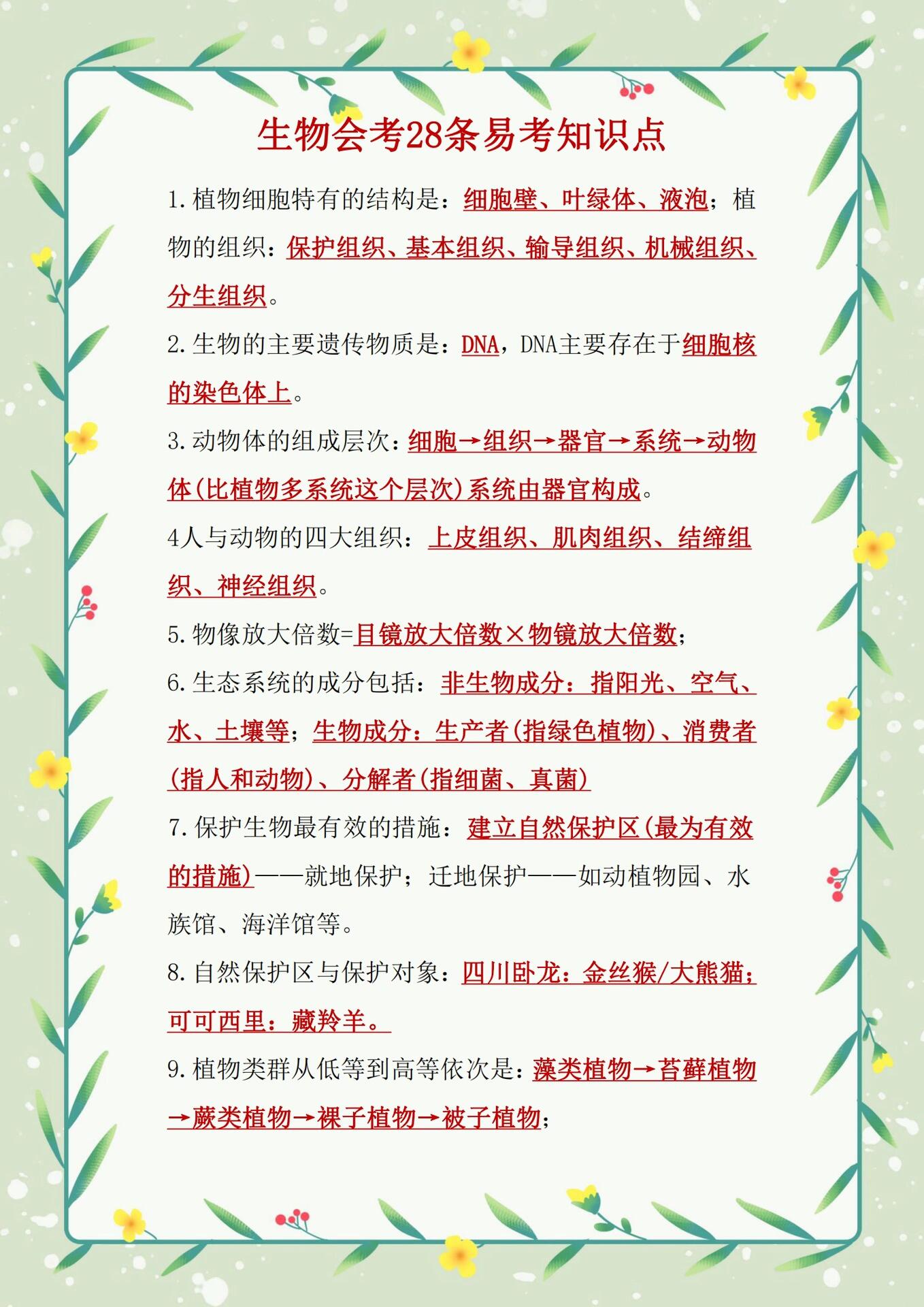 人教版初中生物会考常考28个知识点99