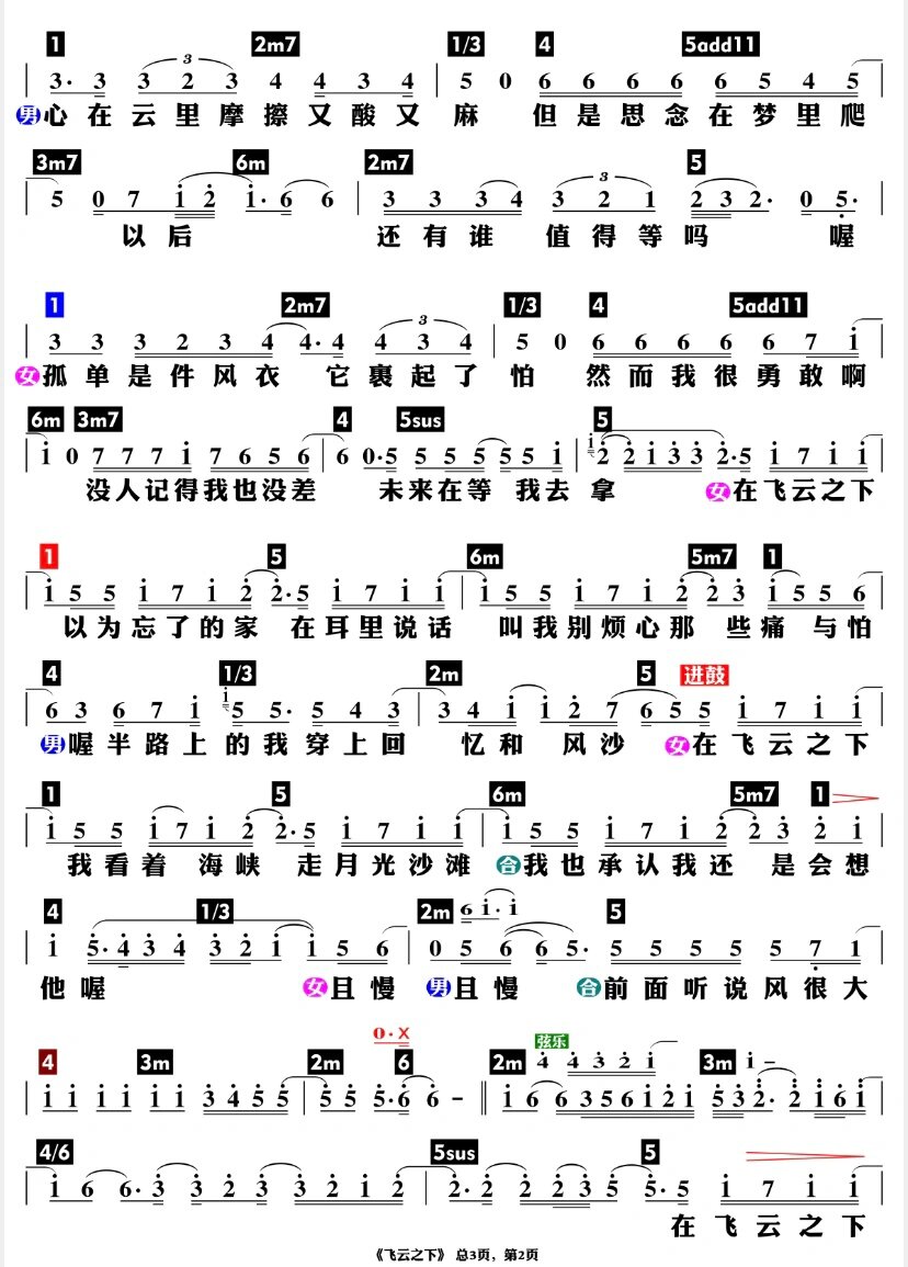 飞云之下歌谱简谱图片