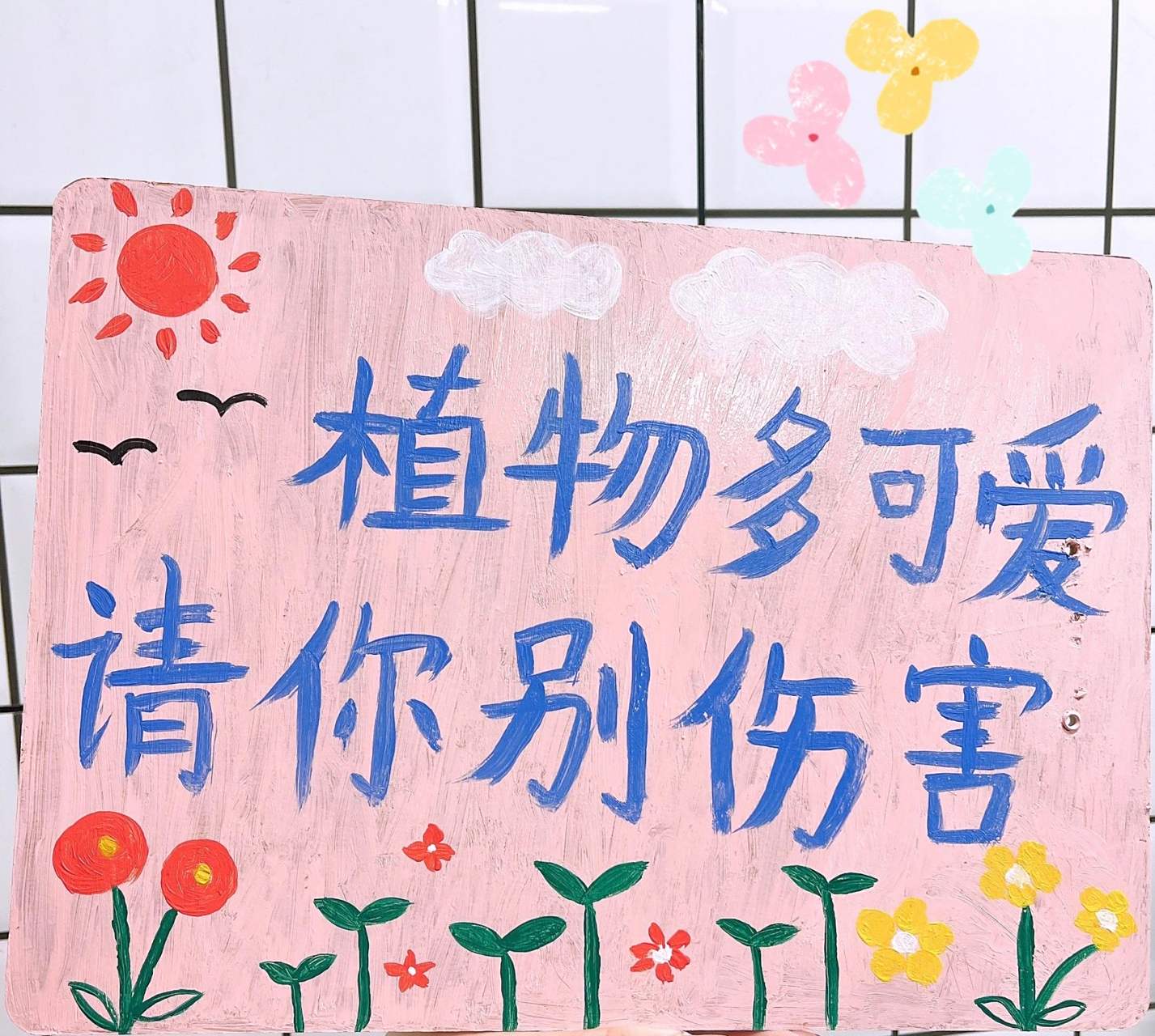 爱护花草树木标语牌 看的出来是用啥做的不 老师要求用木板 没买到