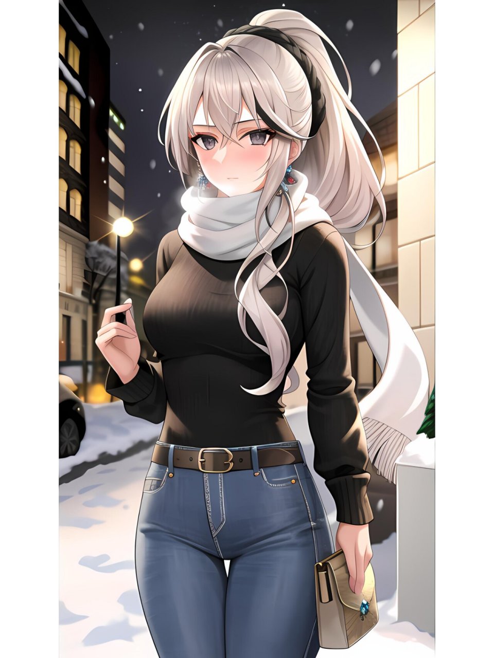 冬季大雪下的牛仔长裤女孩,动漫二次元绘画