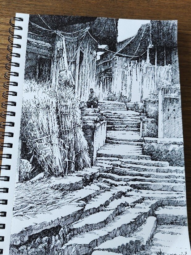 古镇建筑风景速写画法,空间感很好 这类题材画得比较饱满,比较有氛围