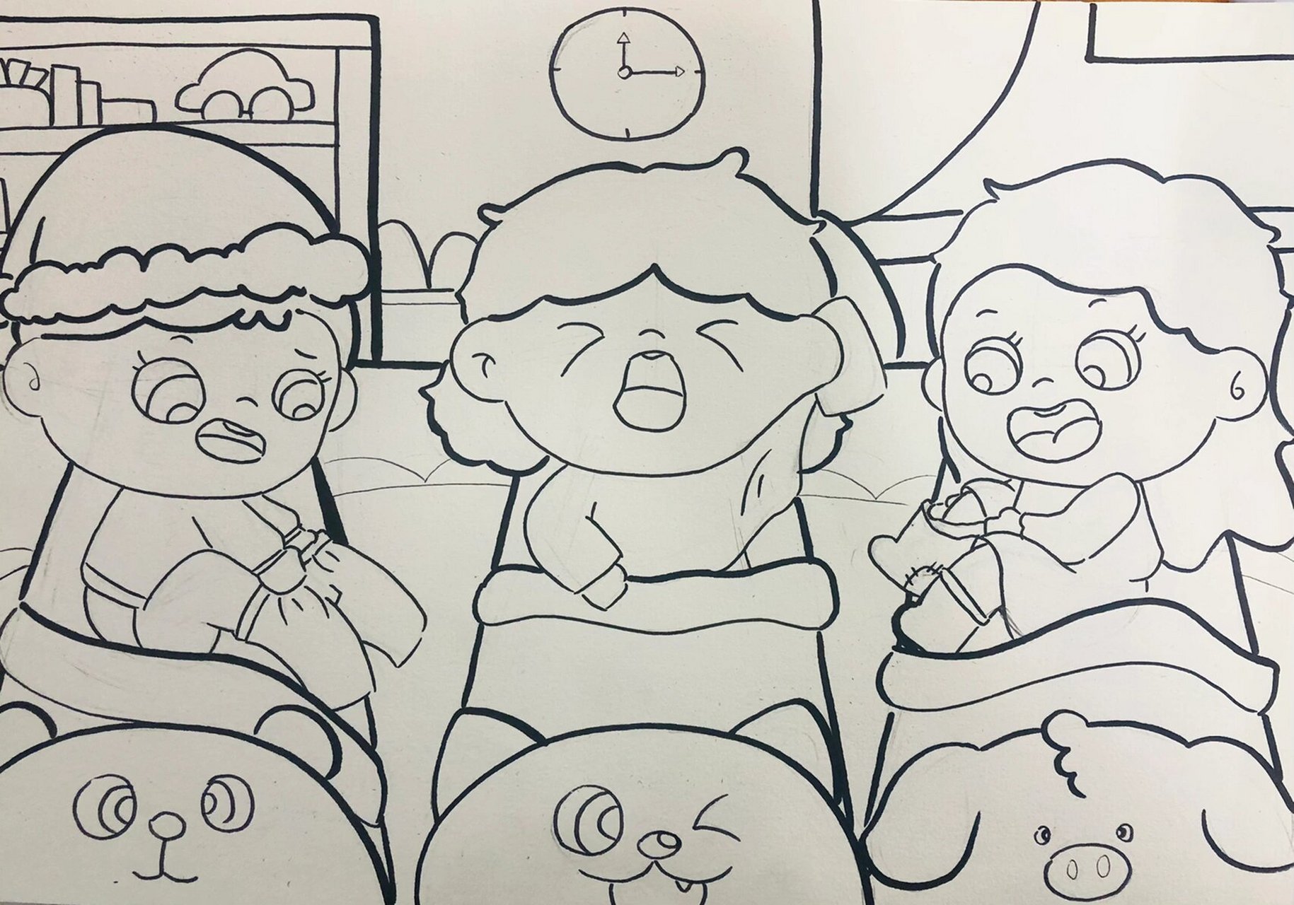 儿童画《幼儿园的午睡时光》线稿 第一张原创,第二张是临摹,最后分享