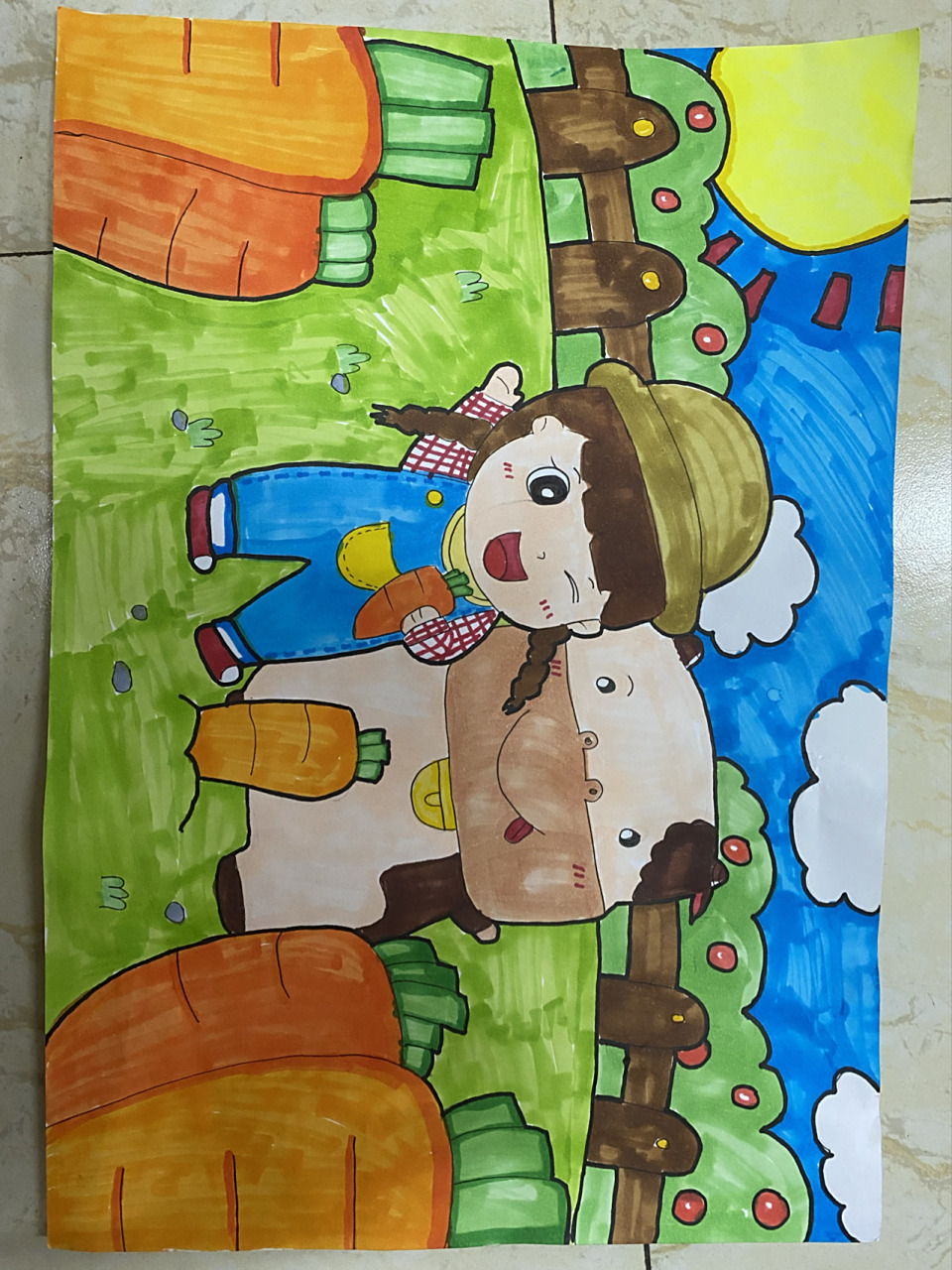 幼儿简笔画主题画之我的家乡 农场 乡下 拔萝卜的小女孩和牛