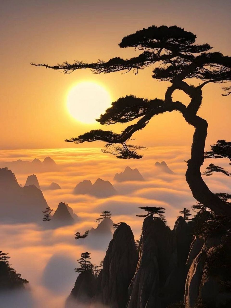 而在黄山上,最美的瞬间莫过于日落时刻,它呈现出一幅让人陶醉的美景图