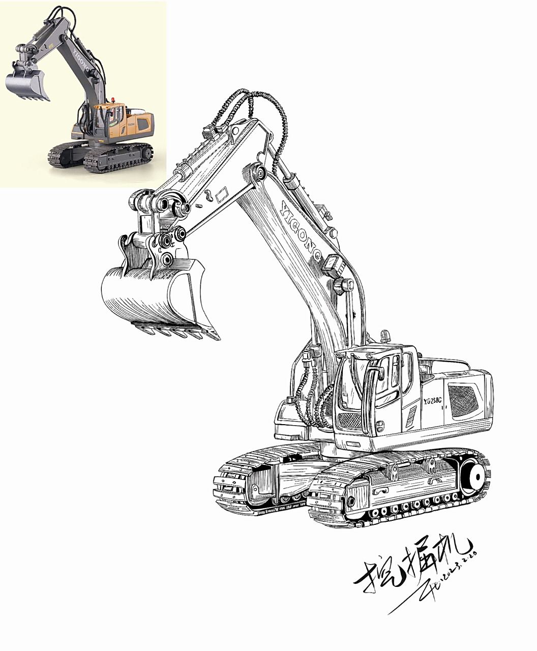 挖掘机:线描速写素材步骤分析分享