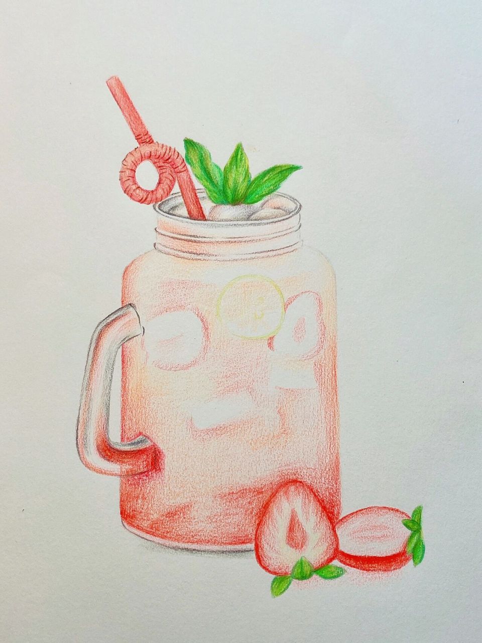 彩铅画 | 草莓果汁 夏季饮品 彩铅画 过程图