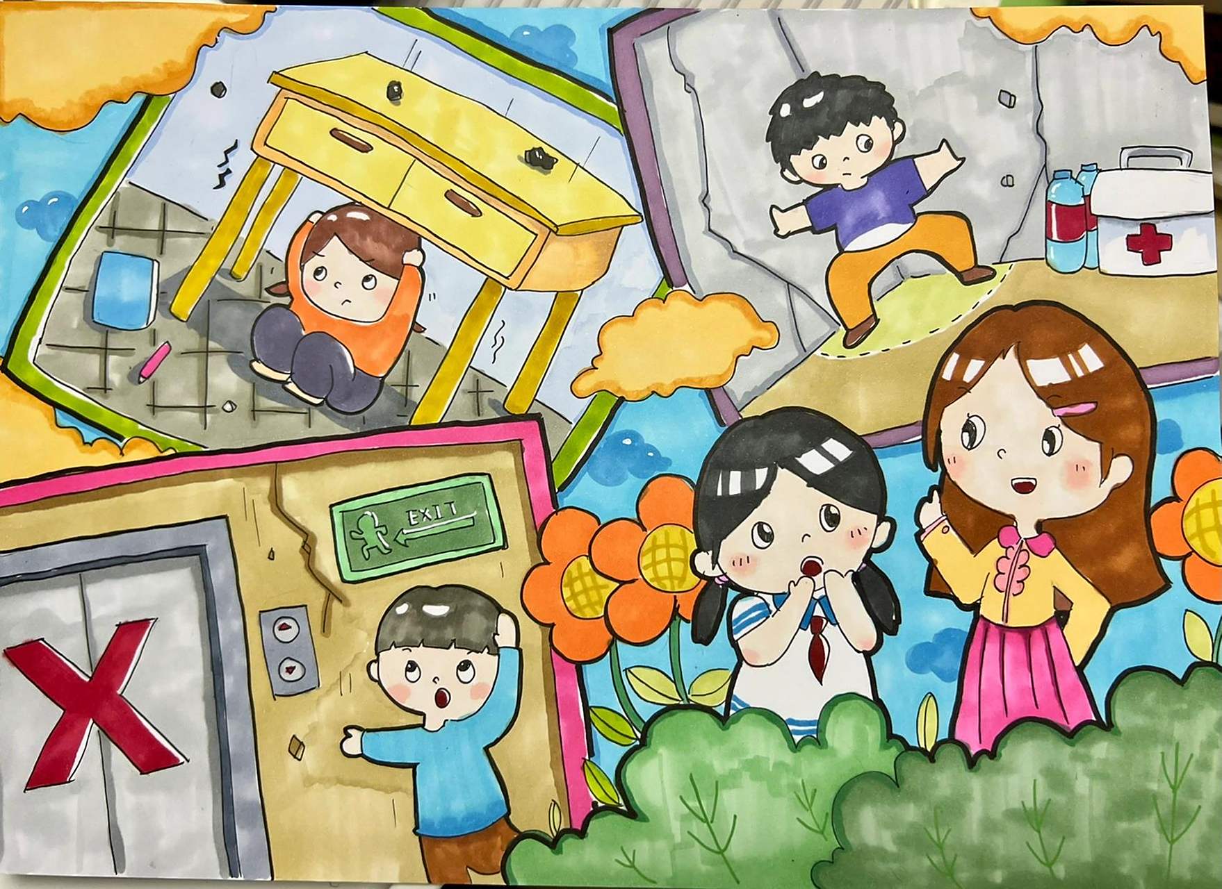 防震减灾 主题画 防震减灾 儿童画 马克笔 线稿在图② 画完有点后悔