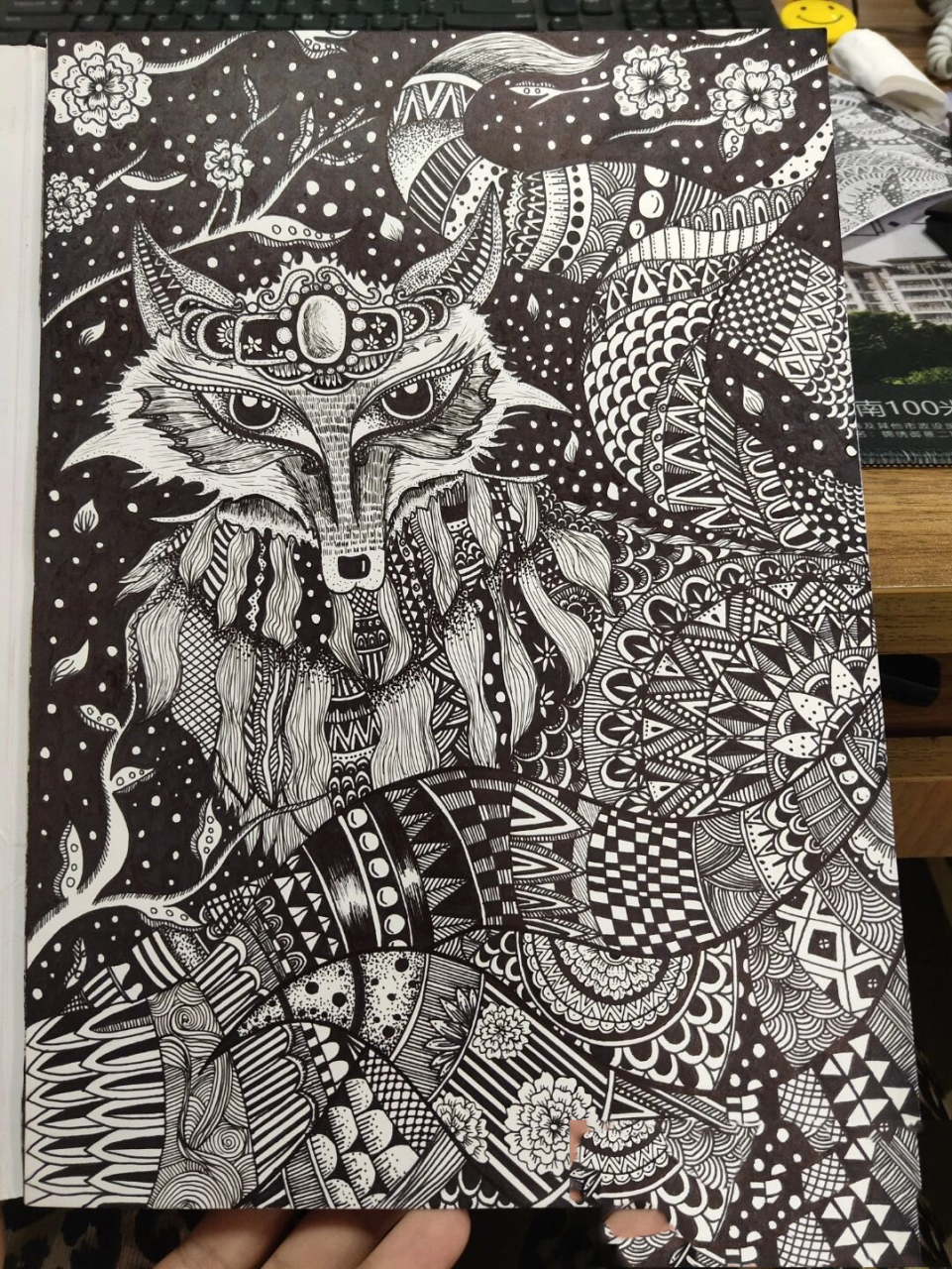 黑白线描画‖九尾狐   程