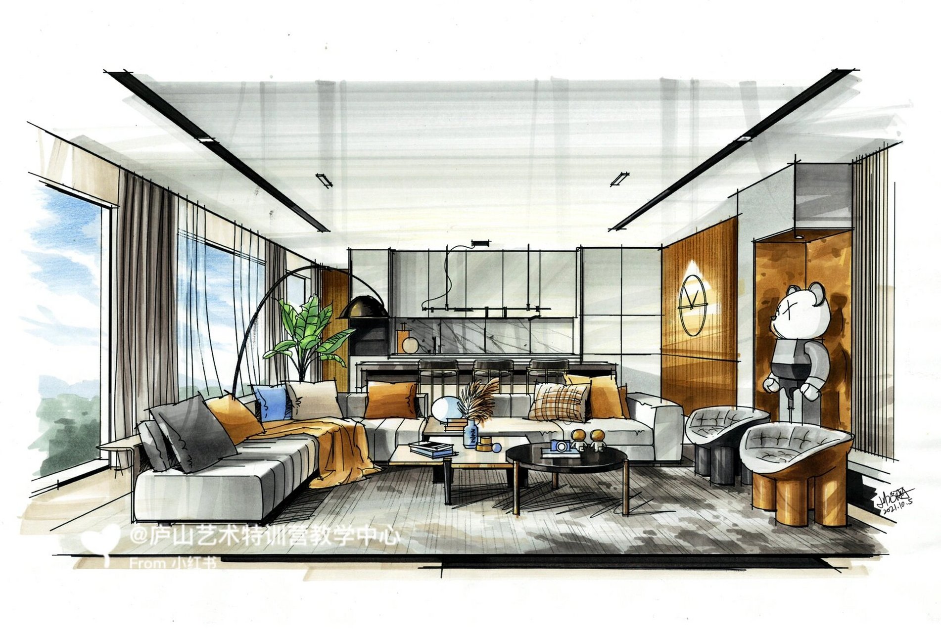 客厅空间手绘效果图,线稿77马克笔上色96 (作品出自庐山艺术特训