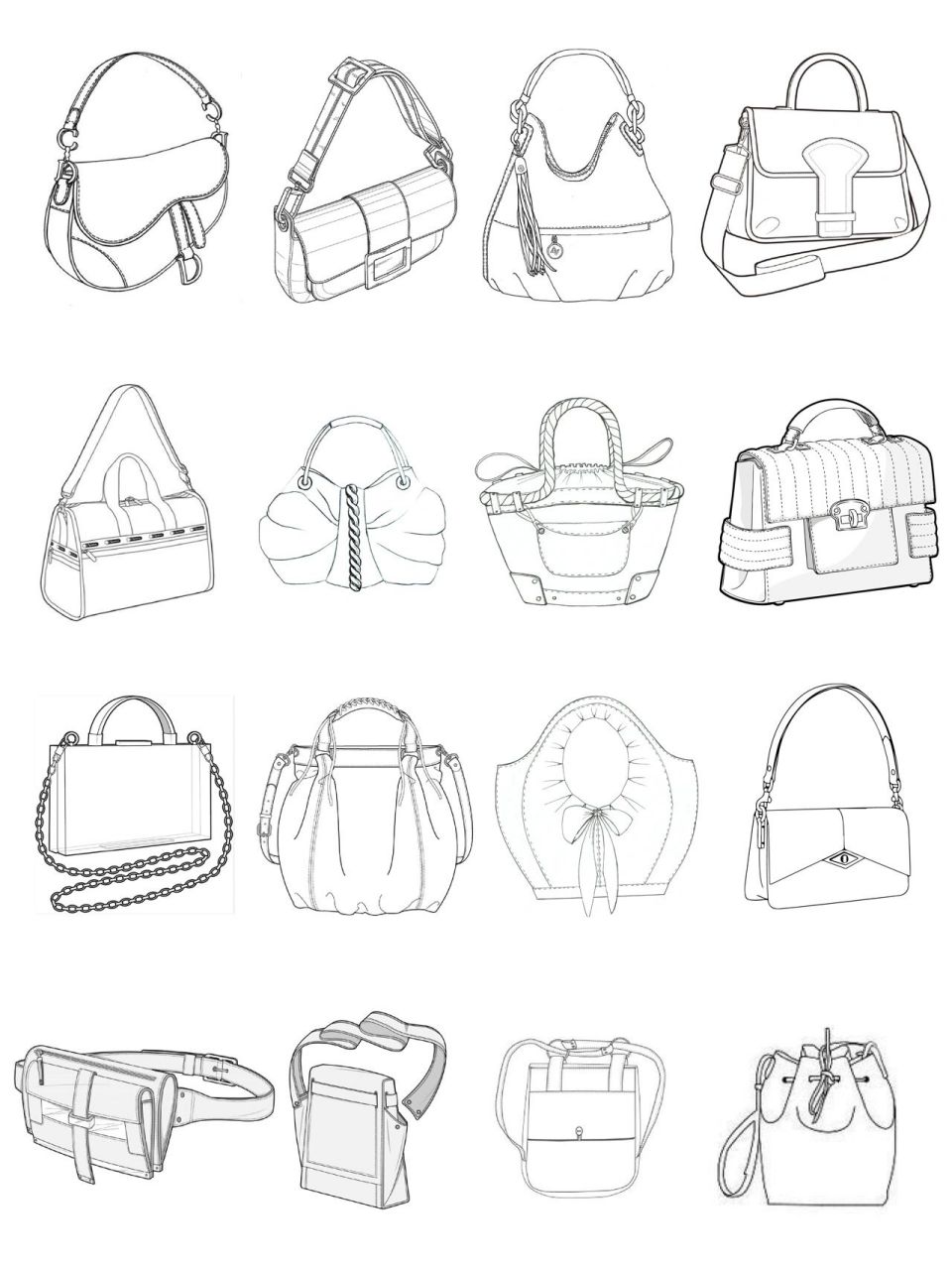 服装设计考研必备素材78|十六种包包96款式图 分享一些常用的包包