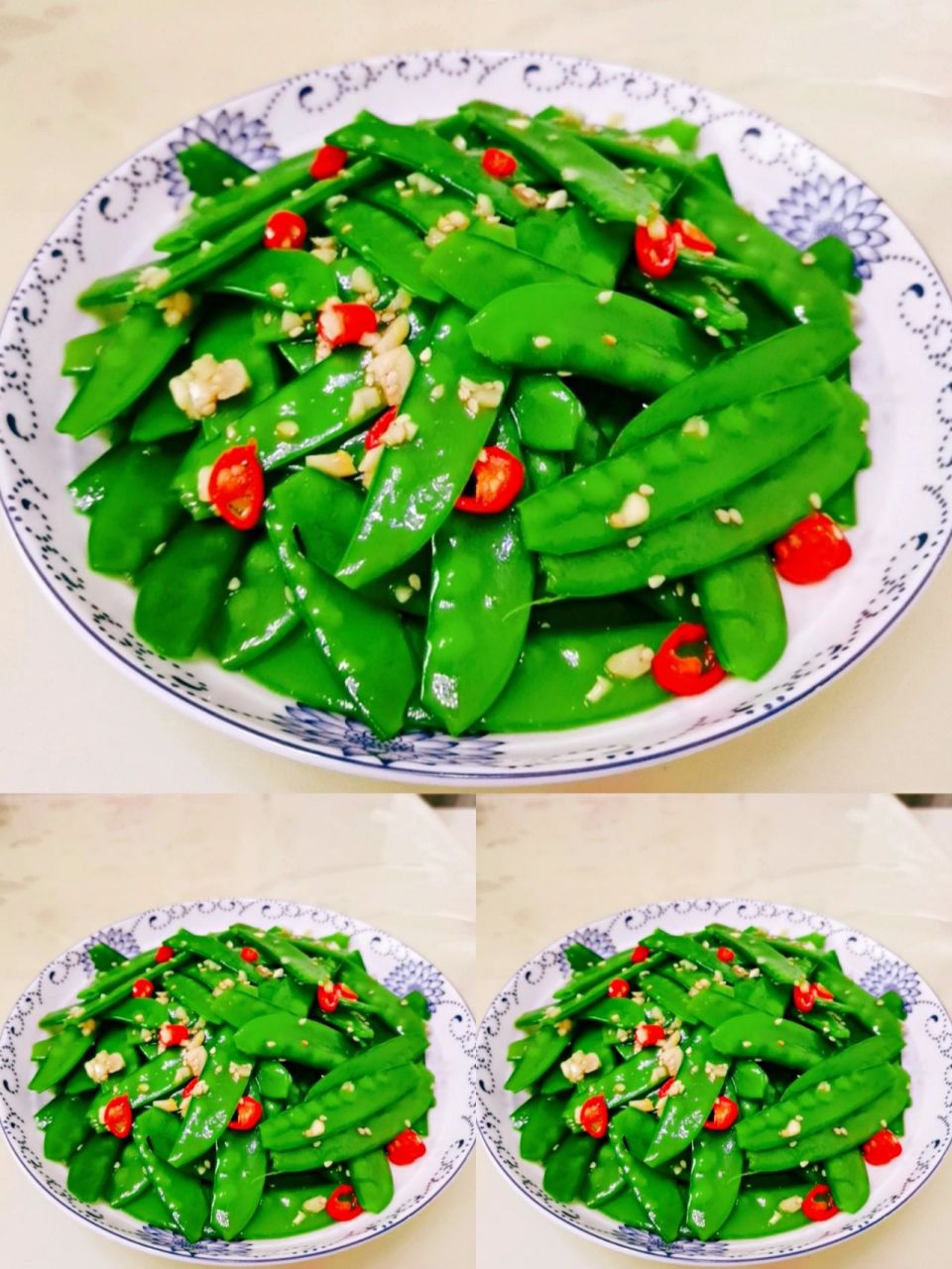 凉拌荷兰豆 食材:荷兰豆,小米椒,大蒜,白熟芝麻.