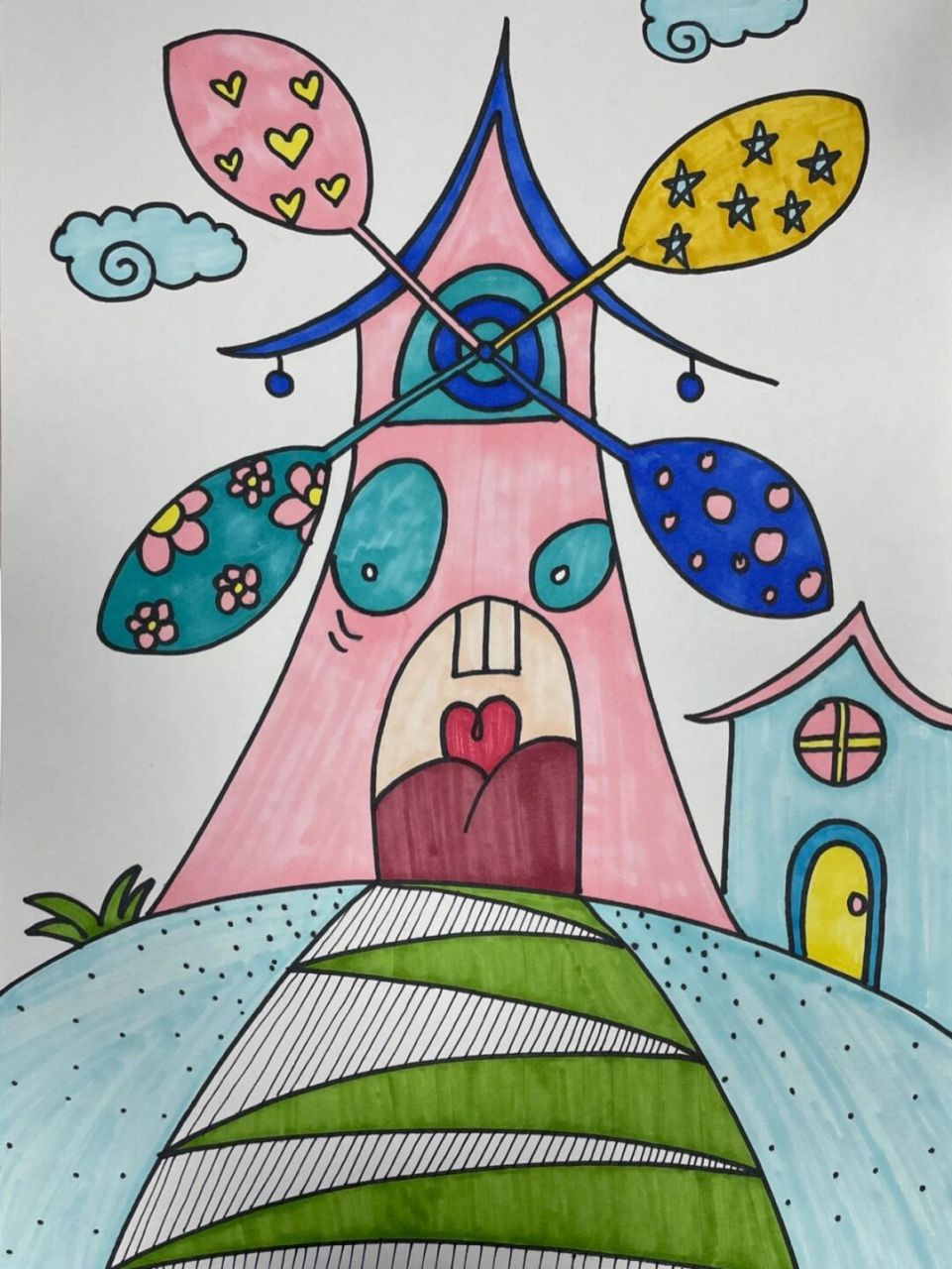 大风车线描儿童画附步骤 材料:铅笔,橡皮,勾线笔,马克笔,素描纸 适合