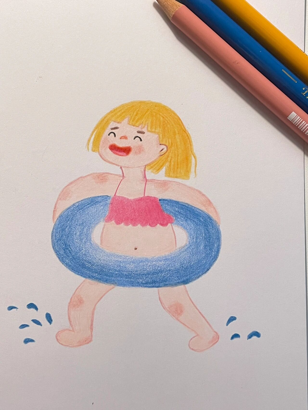 彩铅画|游泳圈女孩