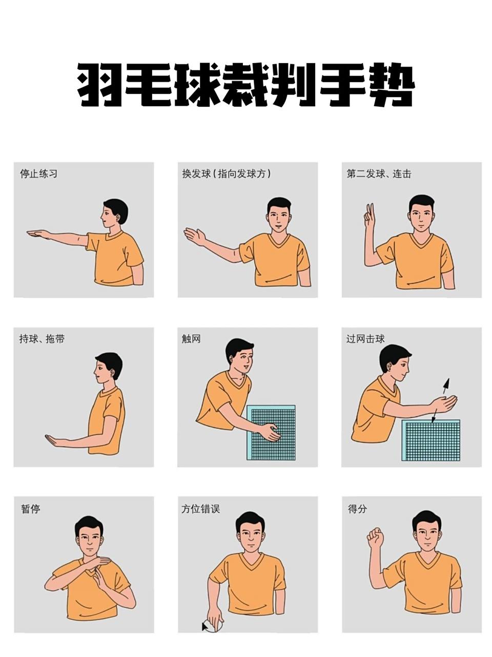 羽毛球裁判手势代表什么!