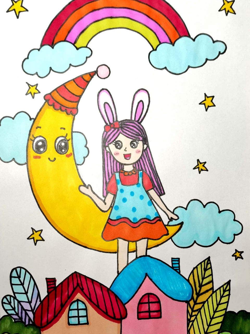 月亮船 月亮儿童画 创意画 马克笔 附线稿 6-7岁小朋友的课效