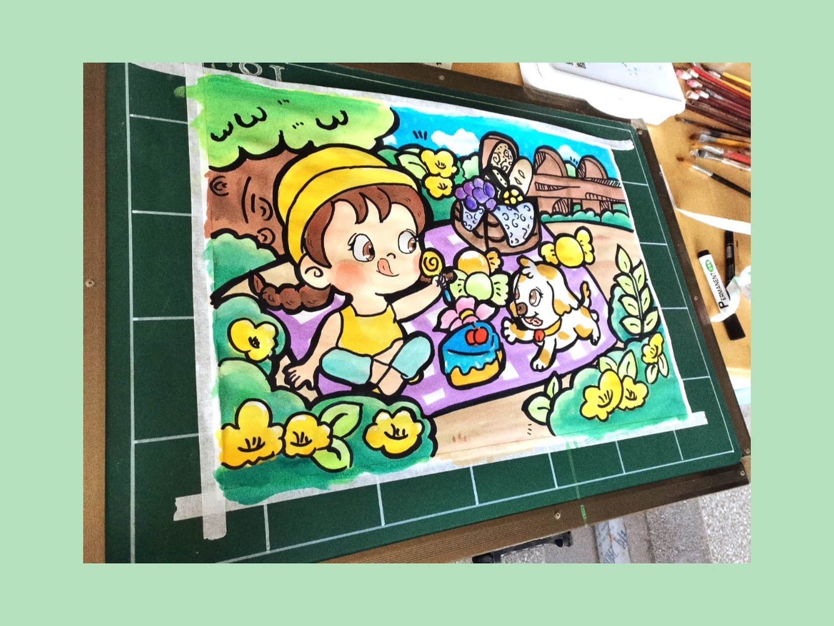 水粉画●幼师万能主题画 考编必背,万能场景和背景 人物形象简单有