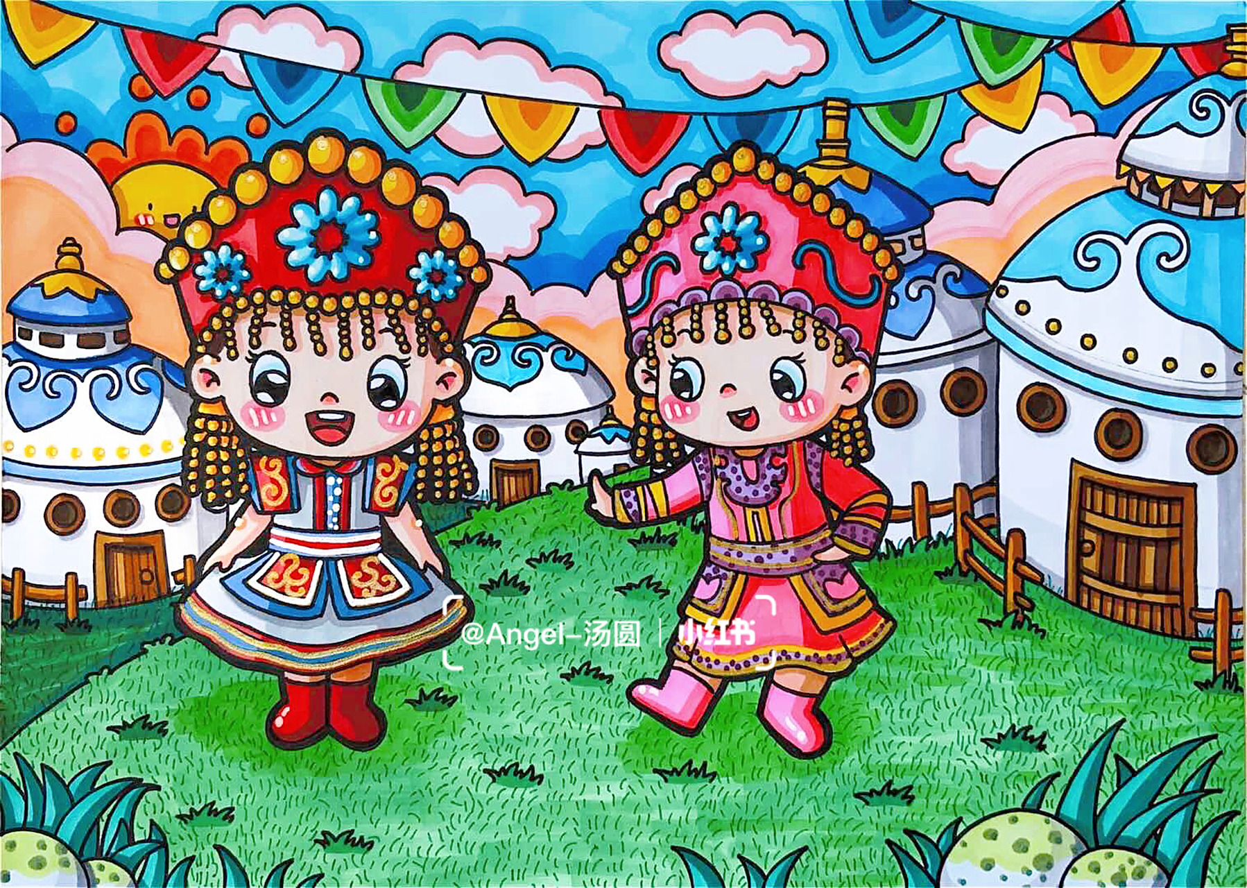 原创儿童画作品|民族舞蹈|大草原 不同光线拍出来的效果真的差别有点