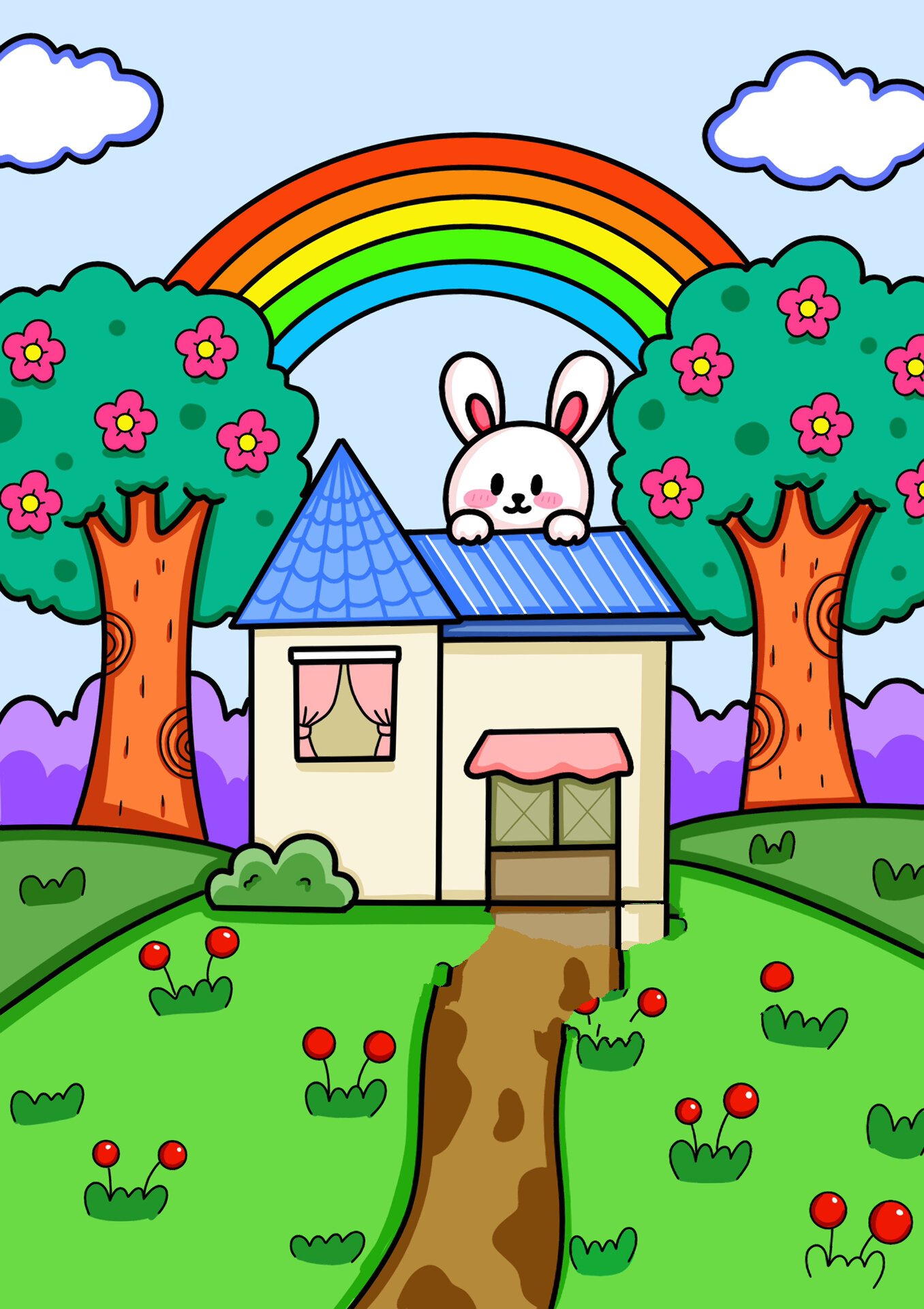 小兔子的家儿童画 房子儿童画 带线稿 步骤