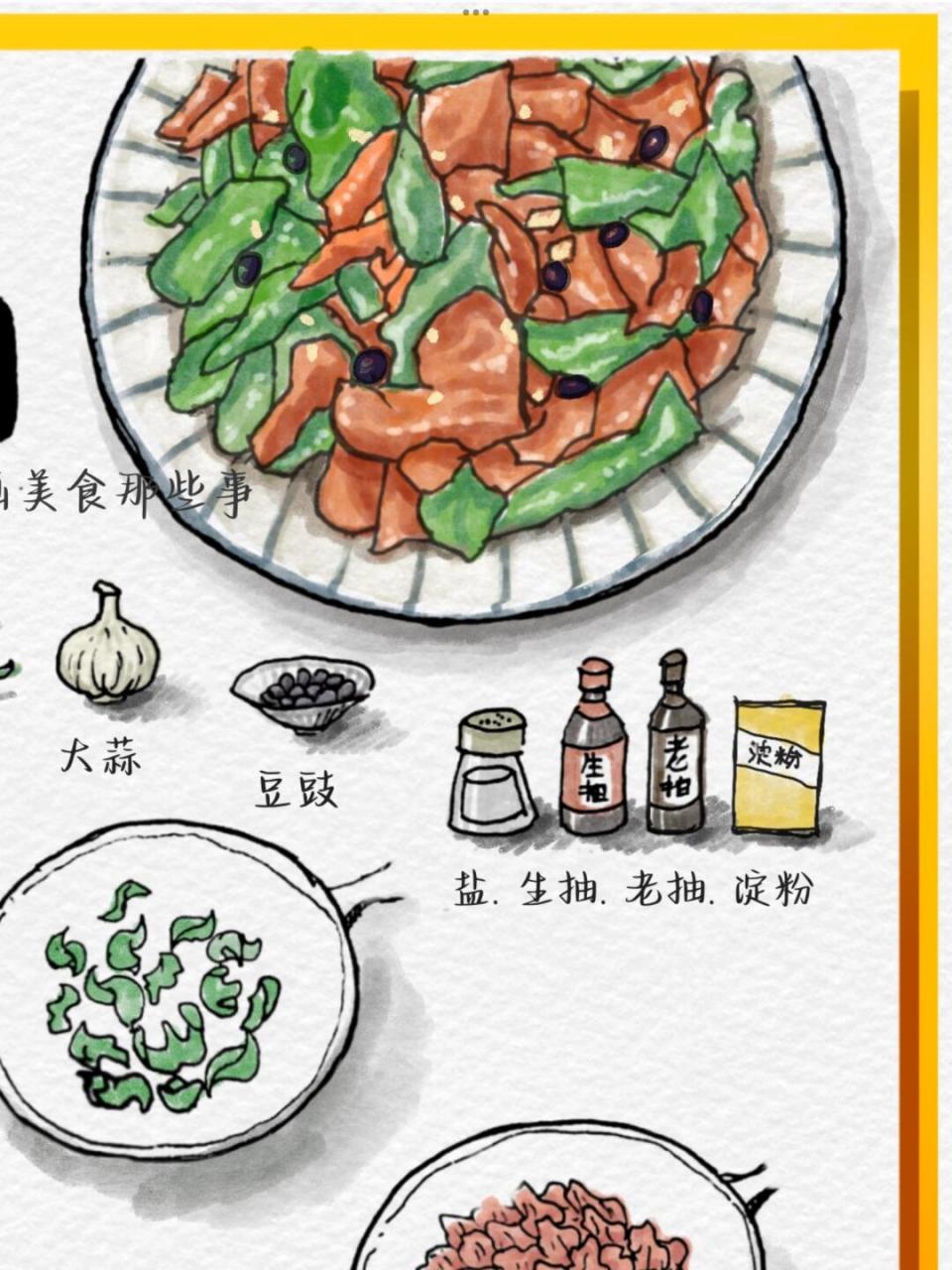 今天手绘分享一道非常下饭的家常菜9215辣椒炒肉.