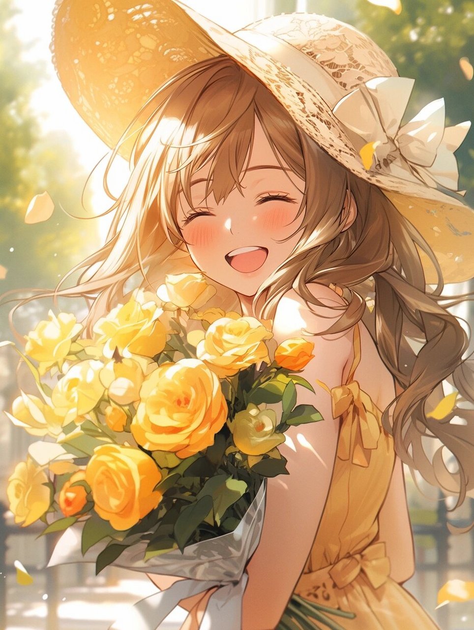 黄色玫瑰系列 今日关键词分享:a girl, holding a bunch of yellow