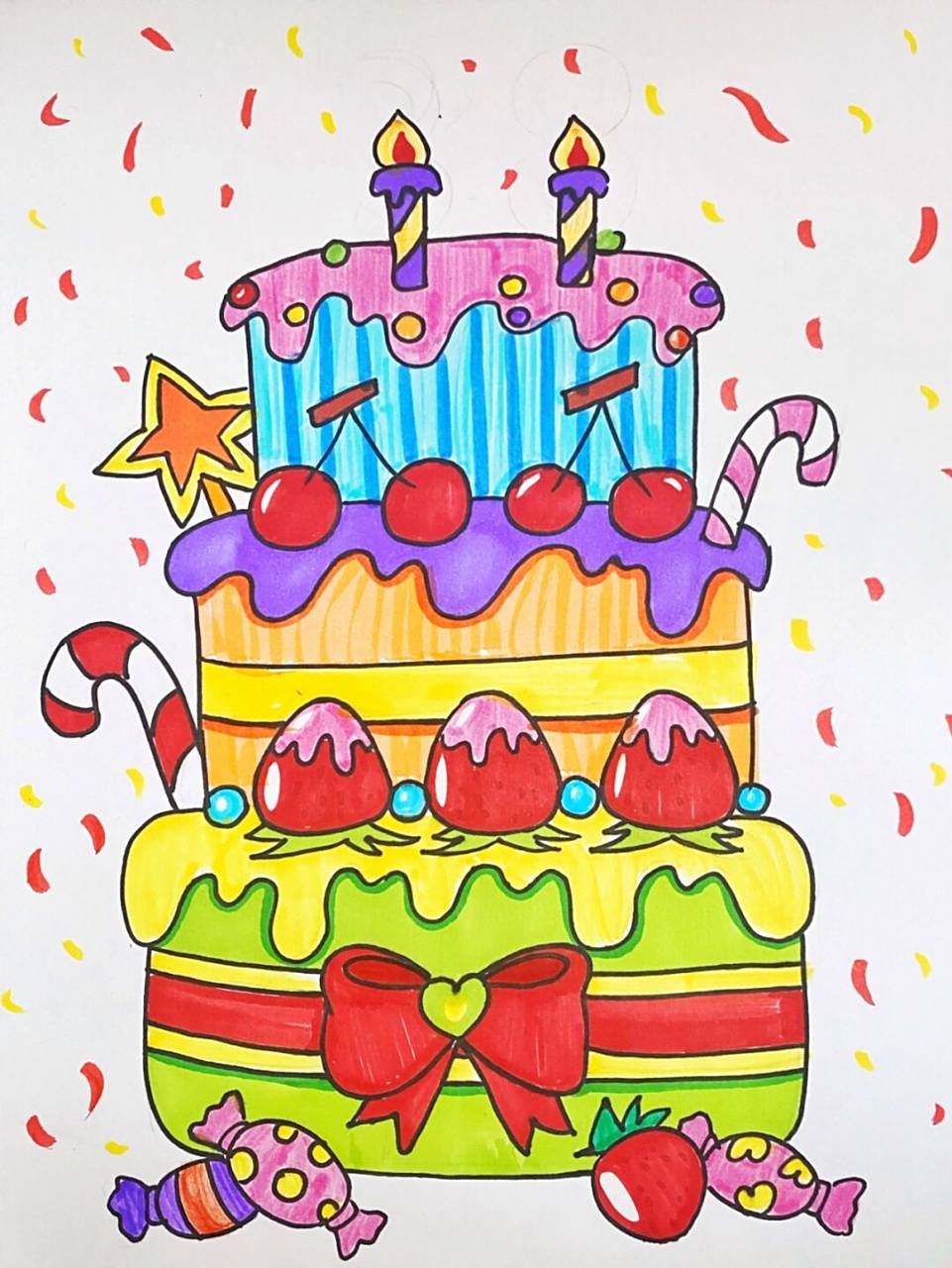 蛋糕儿童画 #马克笔# #卡通画# #儿童画# #儿童画生日蛋糕画