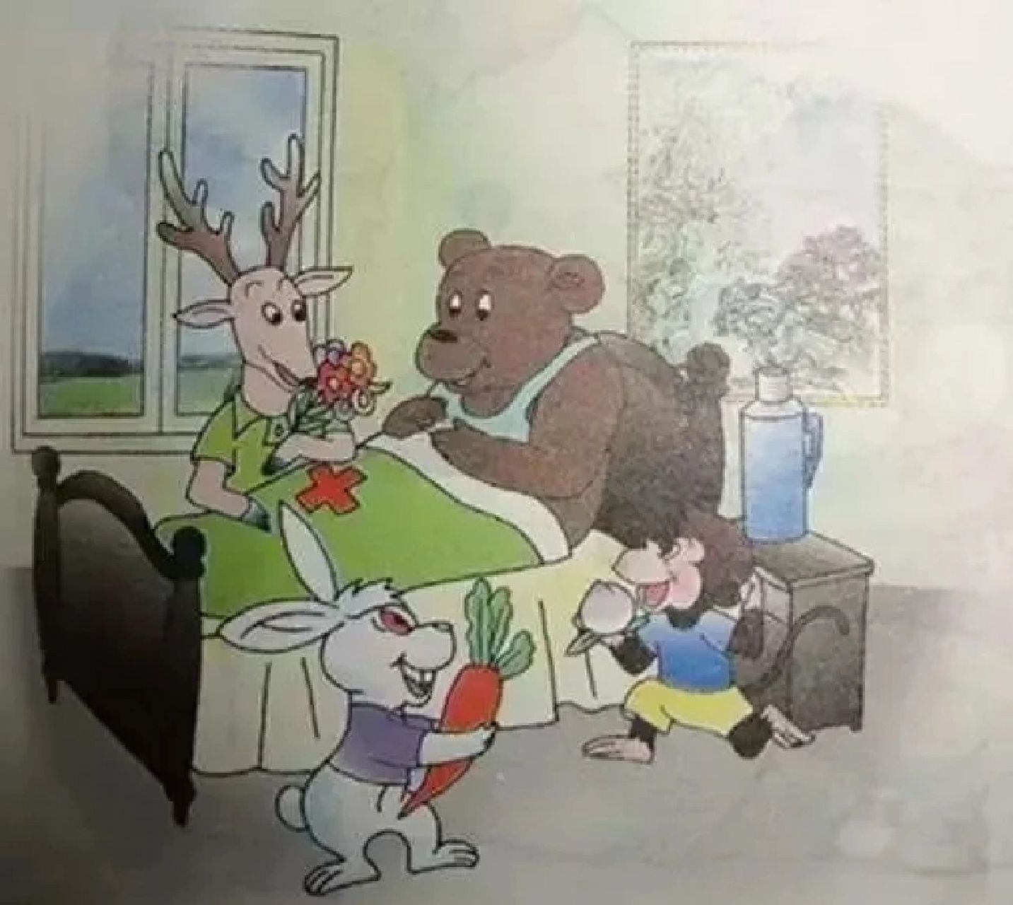 一年级 看图写话范文篇 《运木头》 一天,小猴,小猪和小熊去森林里砍