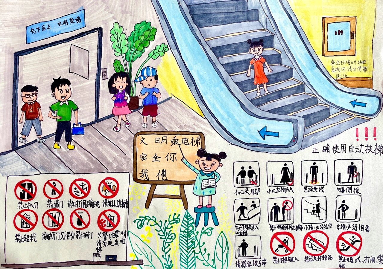 创意美术 主题画 电梯安全