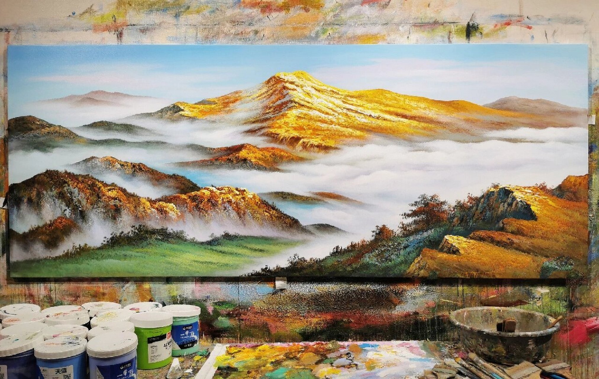 《靠山图》,日照金山风水画 纯手绘 尺寸:90x230cm 材质: 布面丙烯 客