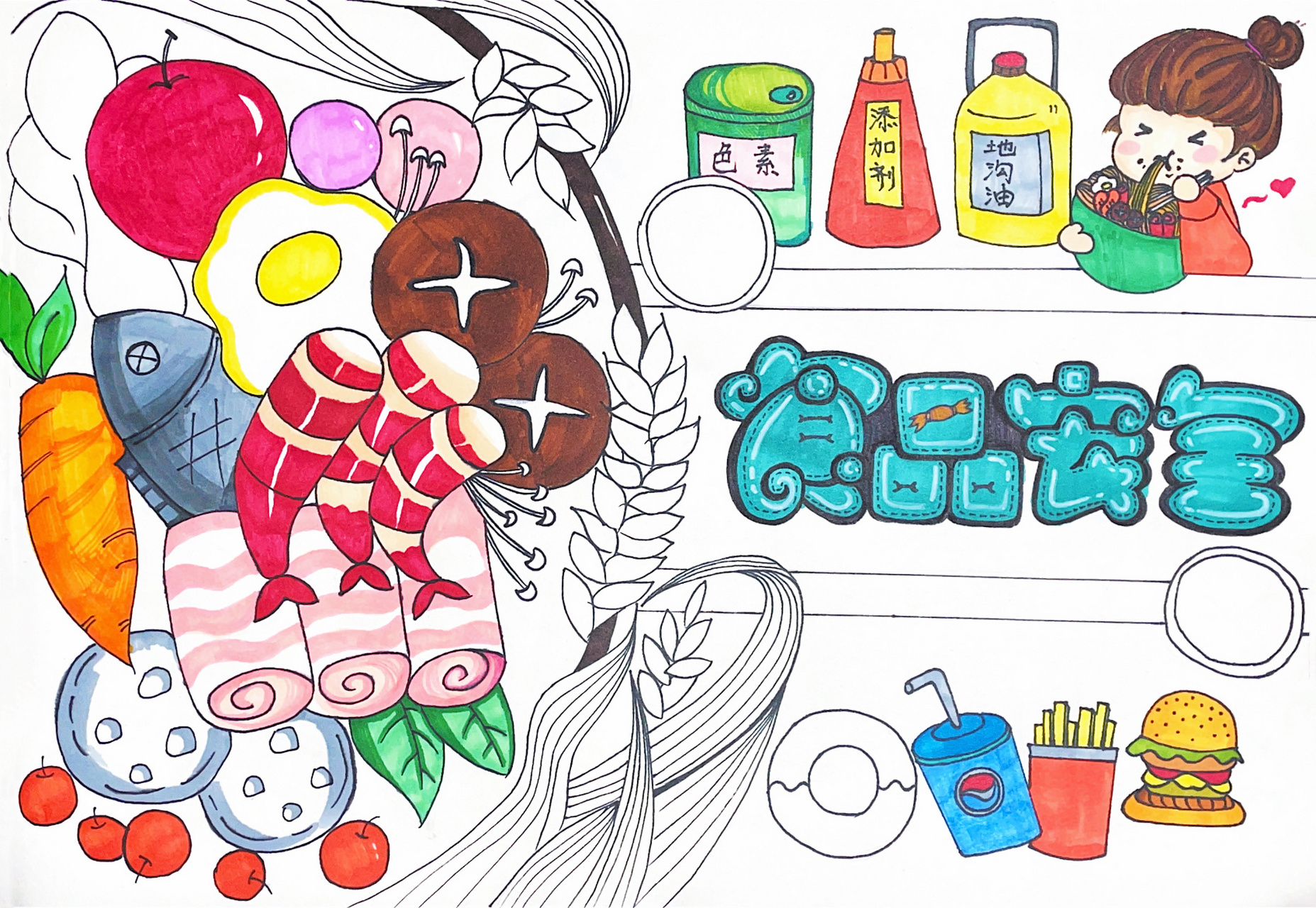 2023新时代食育手抄报绘画 主题:食品健康安全 尺寸:8k