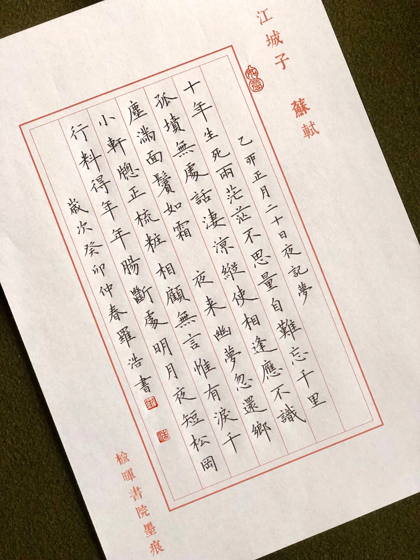 江城子,苏轼,硬笔书法,竖写