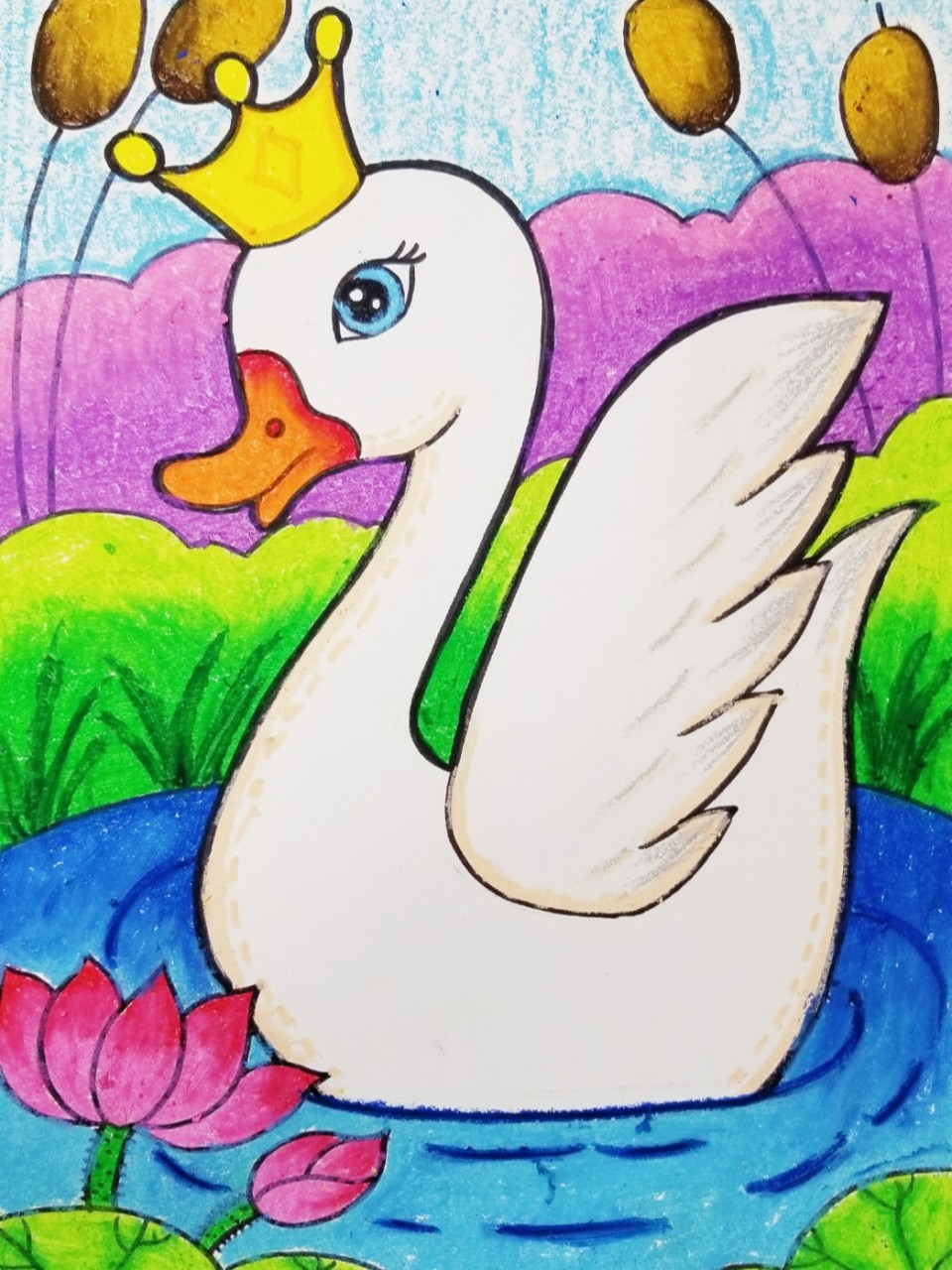 儿童画天鹅 油画棒#天鹅#鹅#儿童画#池塘 #儿童画