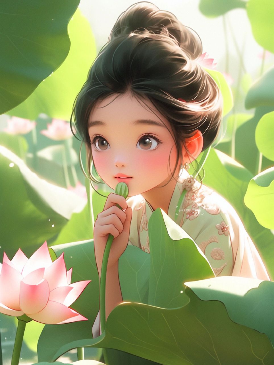 可爱的荷花女孩头像|古风汉服小女孩壁纸     