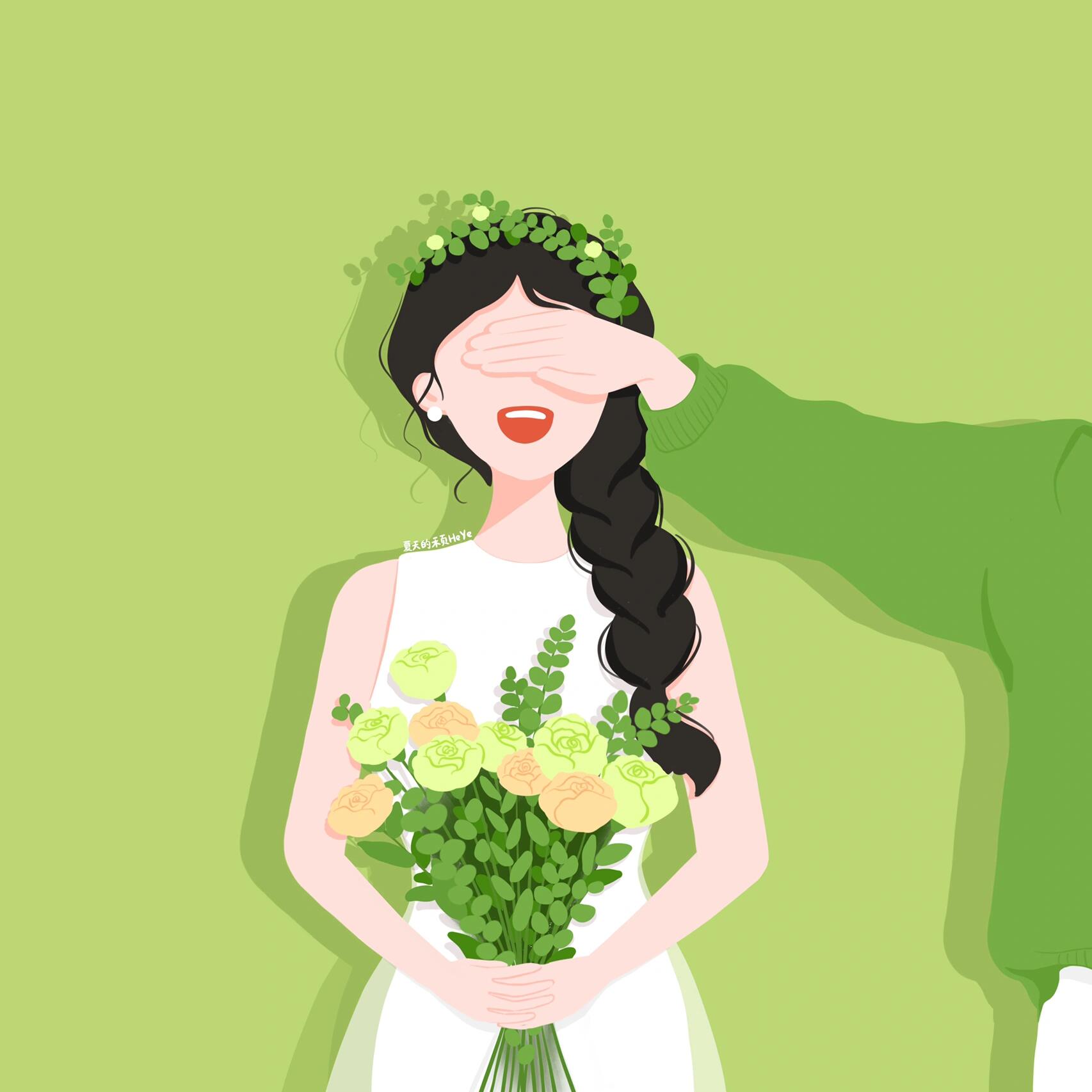 插画头像 | 捧花遮眼的可爱情侣头像