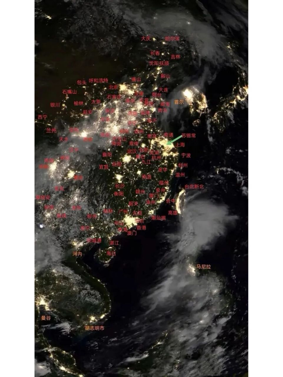 全国主要城市最新卫星夜景图 有三个不同版本,长三角,珠三角,京津三大