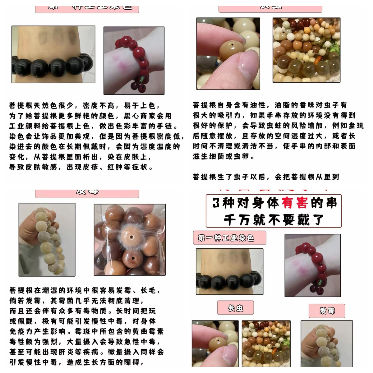 染色菩提根:这种菩提根是经过染色处理的,通常使用化学染料,会对