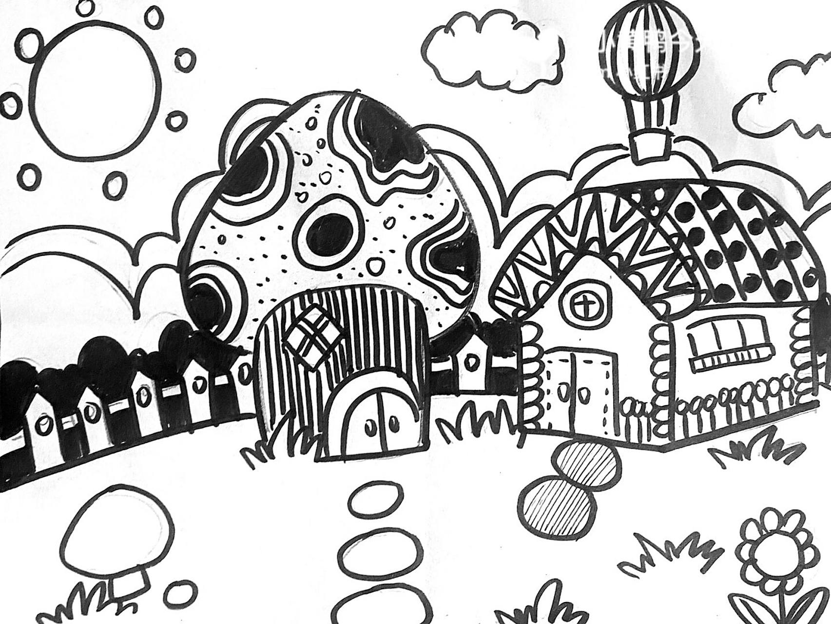 蘑菇房子线描 #线描# #黑白线描##创意线描