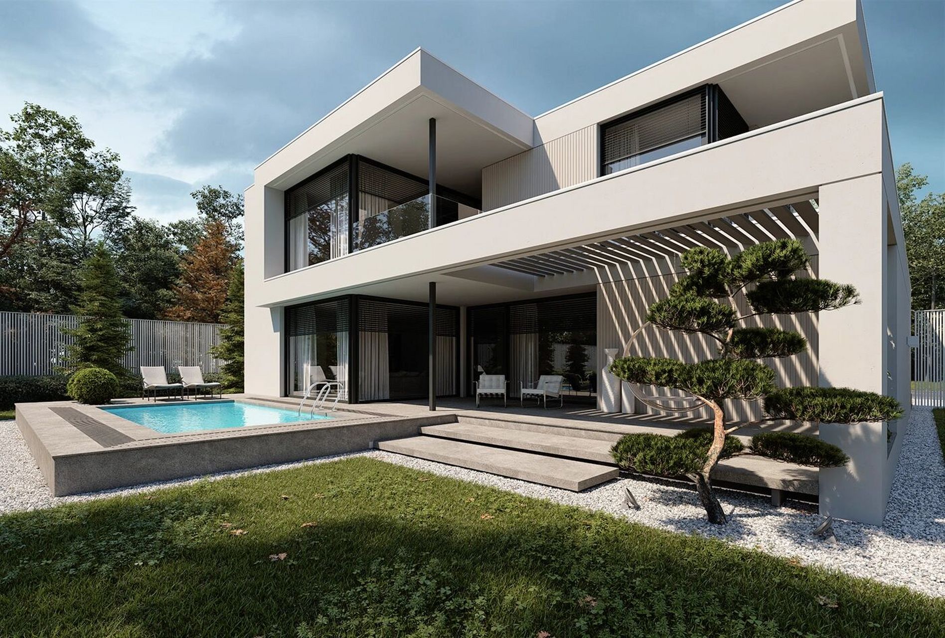 【①建筑】_占地120平两层现代度假别墅 建筑呈一字型布局… 入户在