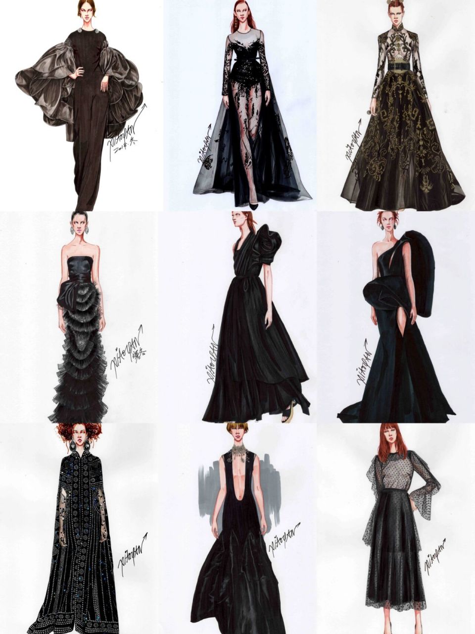 服装效果图‖马克笔手绘晚礼服黑色系 黑色系晚礼服手绘系列 各种面料