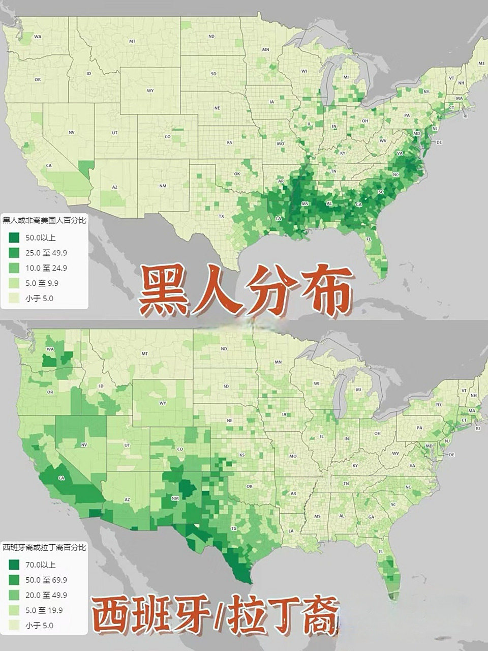 美国人口地图:白人,亚裔,黑人,拉丁