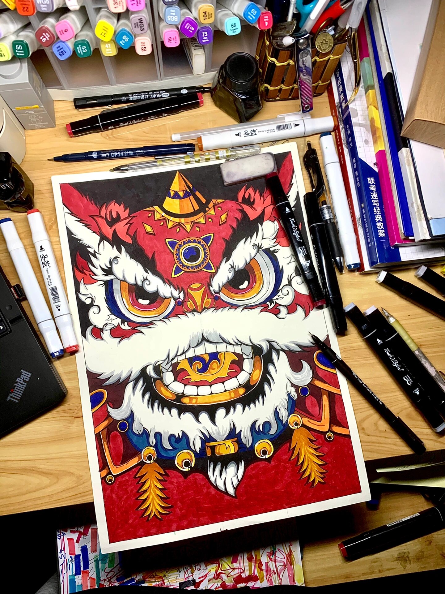 国潮醒狮—马克笔手绘过程图