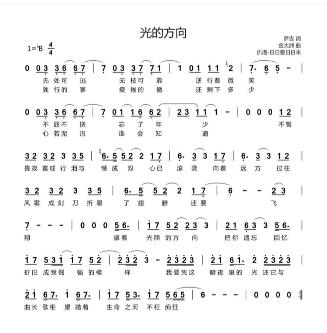 张碧晨《光的方向》简谱