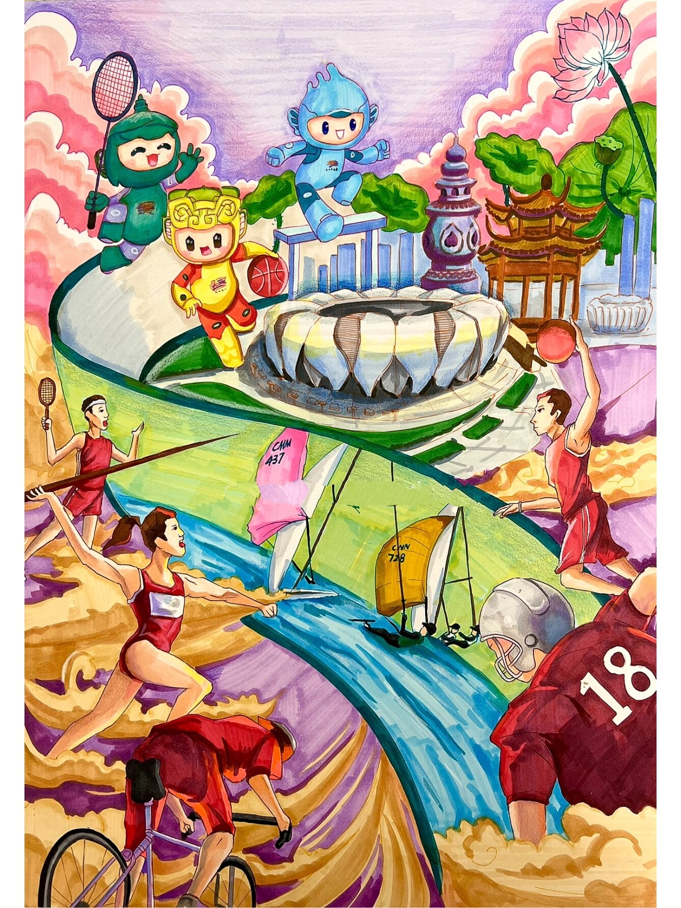 【主题画】|学生作品分享 童心迎亚运,筑梦向未来 亚运会|少儿美术