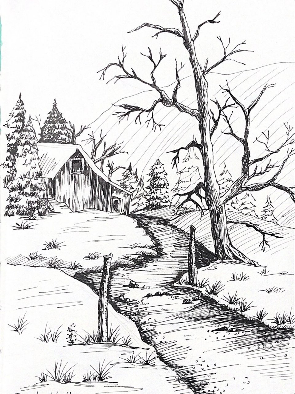 👀 临摹自一幅素描风景,我把原画转为了简单一些的钢笔速写,效果还
