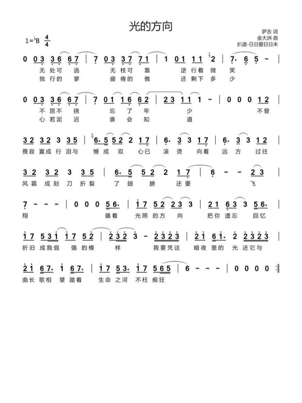 张碧晨《光的方向》曲谱分享7815